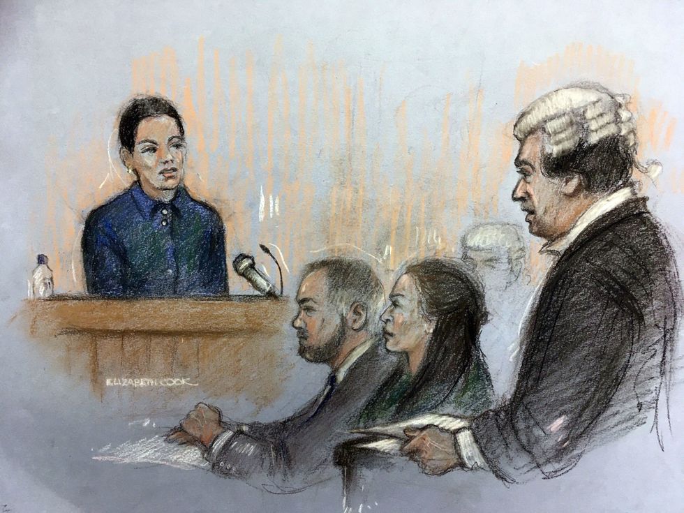 Court artist sketch by Elizabeth Cook of Coleen Rooney's barrister David Sherborne (right) questioning Rebekah Vardy as she gives evidence at the Royal Courts Of Justice, London, during the high-profile libel battle between herself and Coleen Rooney. Picture date: Tuesday May 10, 2022.