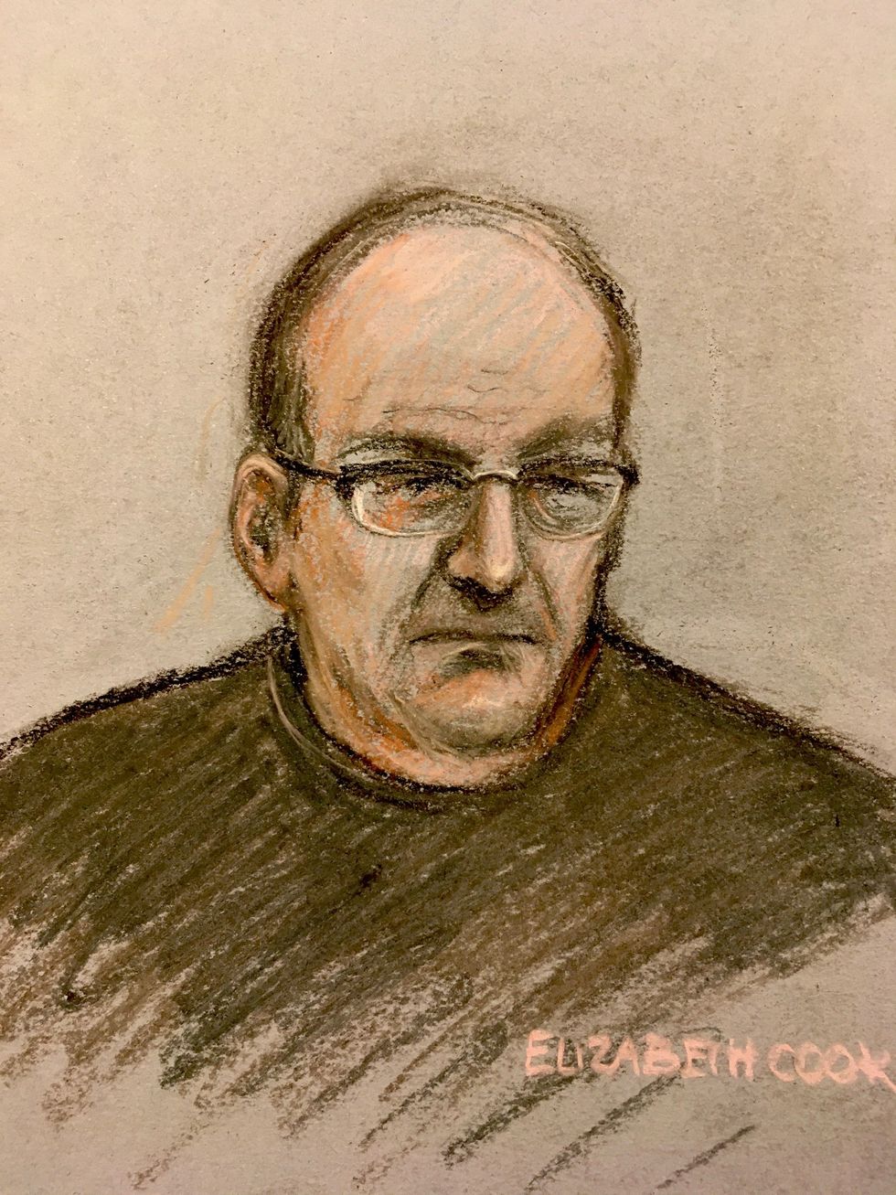Court artist sketch by Elizabeth Cook of David Fuller appearing via video link at Maidstone Crown Court charged with two counts of murder in connection with the deaths of Wendy Knell and Caroline Pierce in 1987.