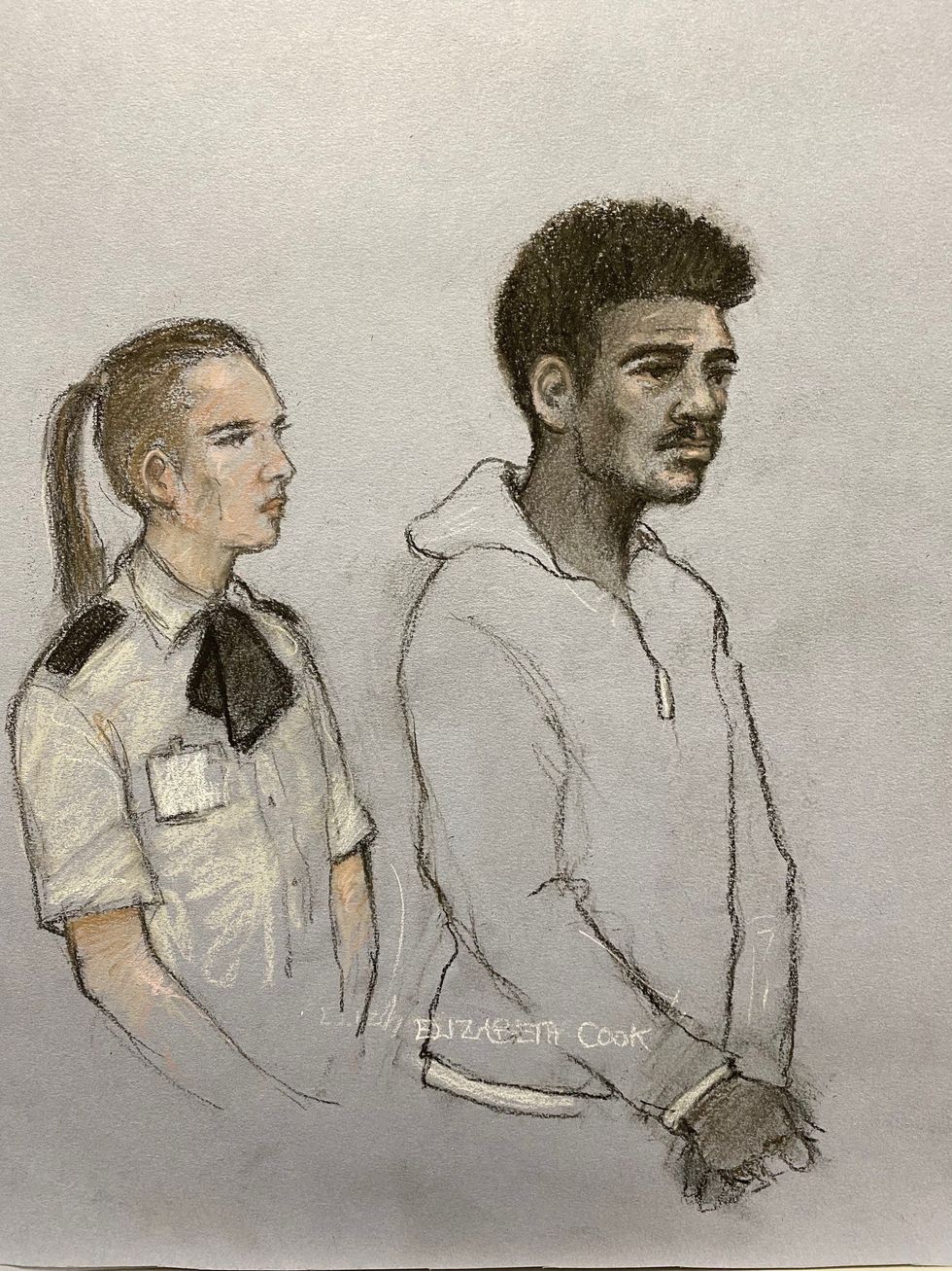 Court artist sketch by Elizabeth Cook of footballer Mason Greenwood appearing in the dock at Manchester Magistrates' Court on charges of attempted rape, engaging in controlling and coercive behaviour, and assault. All three charges relate to the same woman. Picture date: Monday October 17, 2022.
