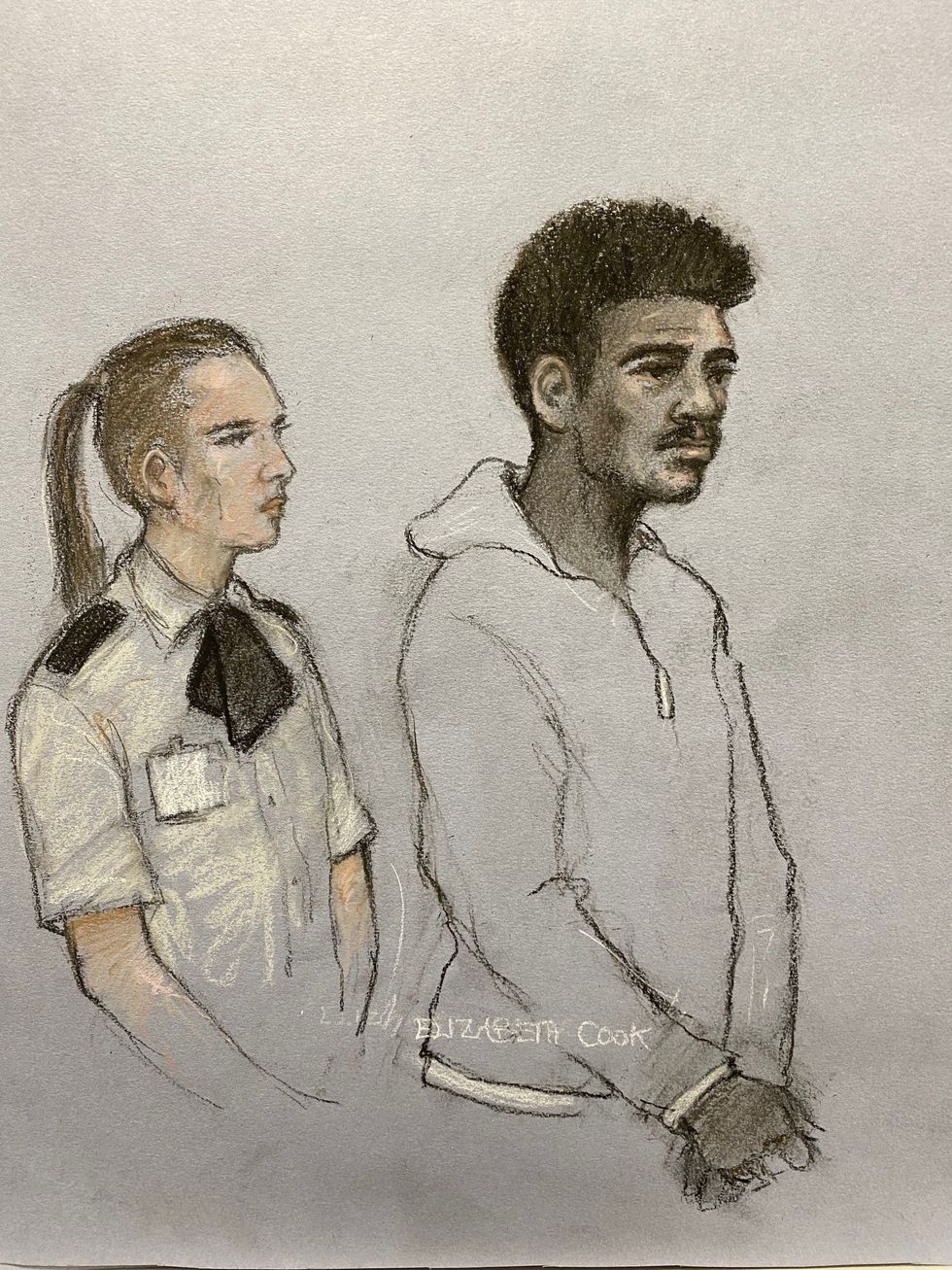 Court artist sketch by Elizabeth Cook of footballer Mason Greenwood appearing in the dock at Manchester Magistrates' Court on charges of attempted rape, engaging in controlling and coercive behaviour, and assault. All three charges relate to the same woman. Picture date: Monday October 17, 2022.