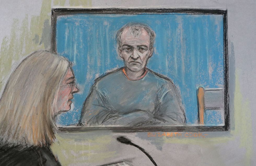 Court artist sketch by Elizabeth Cook of former football coach Barry Bennell appearing via video-link at South Cheshire Magistrates Court.