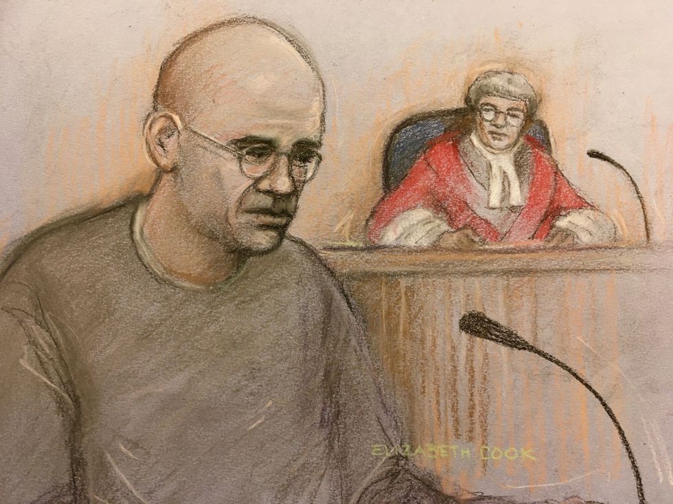 Court artist sketch by Elizabeth Cook of John Cole giving evidence at Cardiff Crown Court