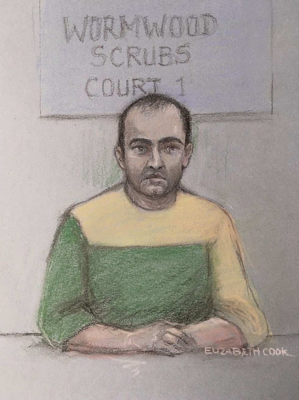 Court artist sketch by Elizabeth Cook of Koci Selamaj appearing via video-link from Wormwood Scubs prison for a hearing at the Old Bailey, London, where he is charged with the murder of school teacher Sabina Nessa. Picture date: Thursday September 30, 2021.