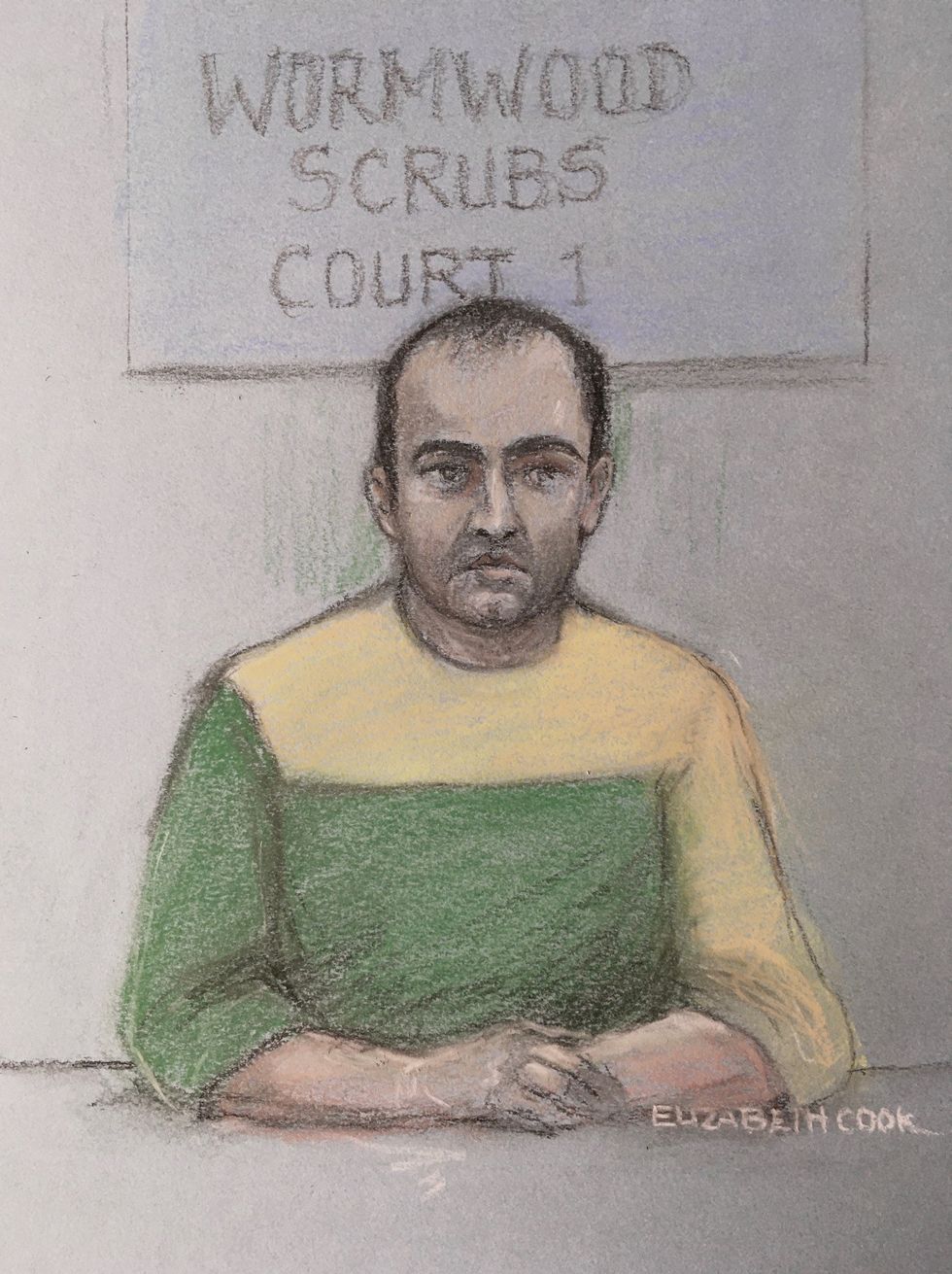 Court artist sketch by Elizabeth Cook of Koci Selamaj appearing via video-link from Wormwood Scubs prison for a hearing at the Old Bailey, London, where he is charged with the murder of school teacher Sabina Nessa. Picture date: Thursday September 30, 2021.