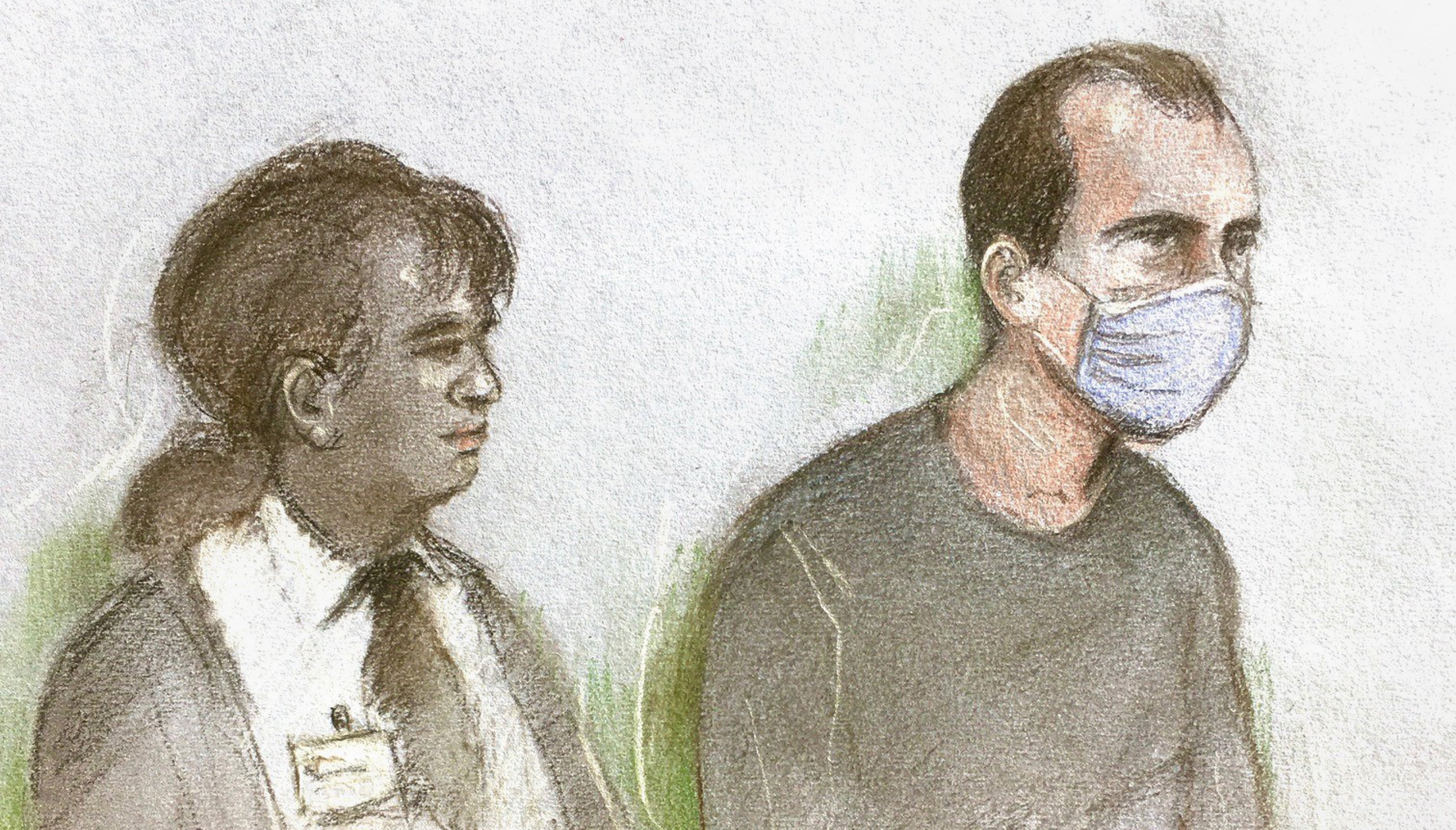 Court artist sketch by Elizabeth Cook of Koci Selamaj (right), 36, of Terminus Road, Eastbourne appearing in the dock at Willesden Magistrates' Court, London, charged with the murder of 28 year-old school teacher Sabina Nessa.