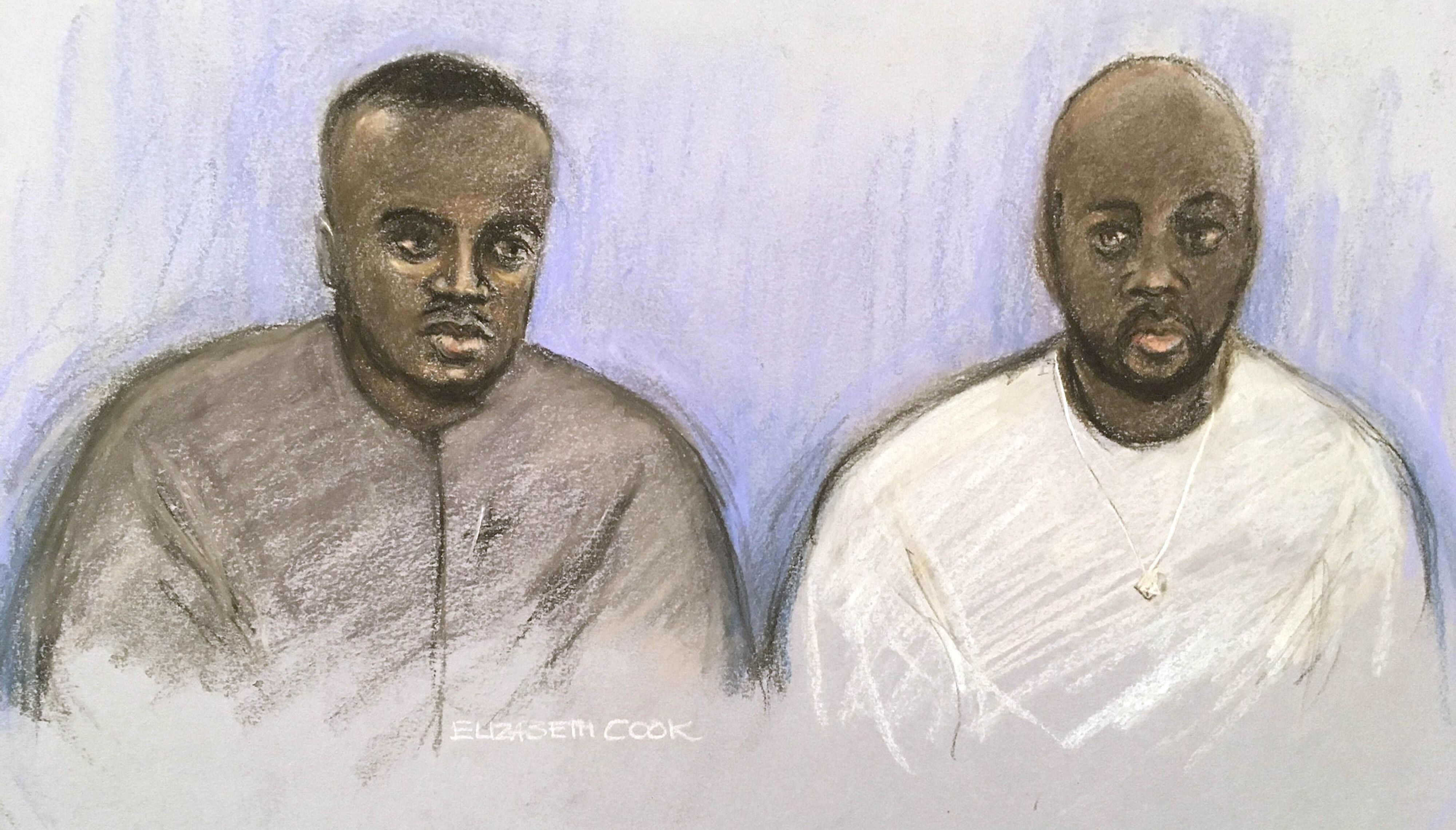 Court artist sketch by Elizabeth Cook of Manchester City defender Benjamin Mendy (left) appearing at Manchester Magistrates Court charged with two additional counts of rape, after initially being charged in August with four counts of rape. He is pictured with Louis Saha Matturie who is accused of sexually touching a woman in Sheffield in 2016, raping a woman in March this year and another count of rape in Macclesfield in July. He now faces six counts of rape in total and one of sexual assault.