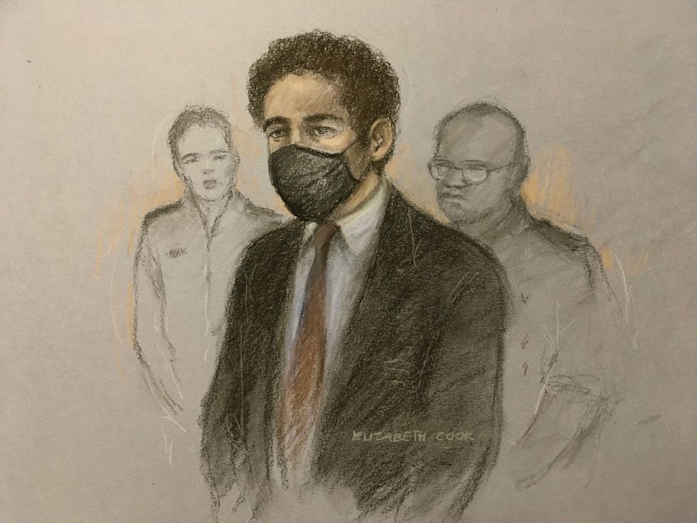 Court artist sketch by Elizabeth Cook of Metropolitan Police officer David Carrick in the dock at Woolwich Crown Court