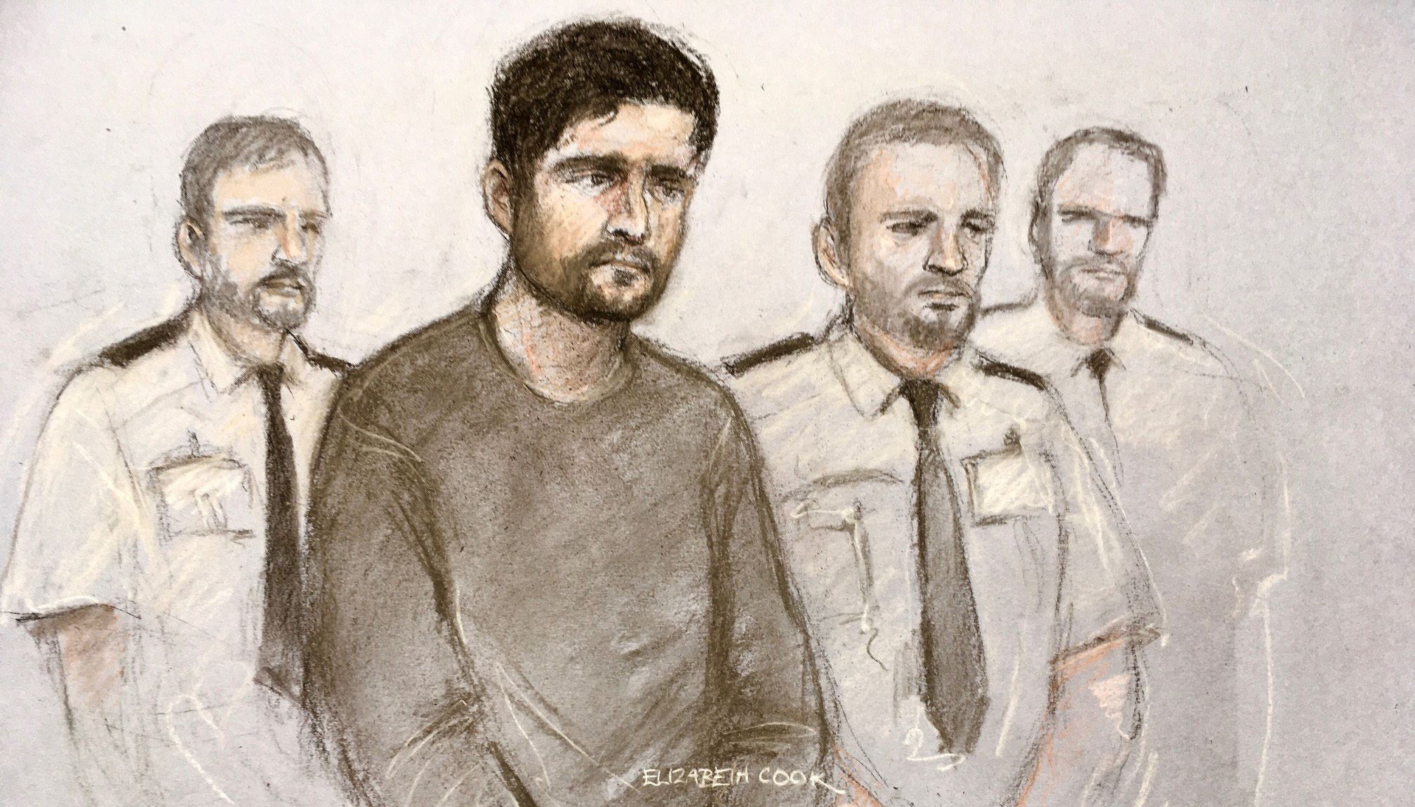 Court artist sketch by Elizabeth Cook of musician Cody Ackland, in the dock at Plymouth Crown Court, who has pleaded guilty to the murder of 18-year-old student Bobbi-Anne McLeod. Picture date: Tuesday April 5, 2022.