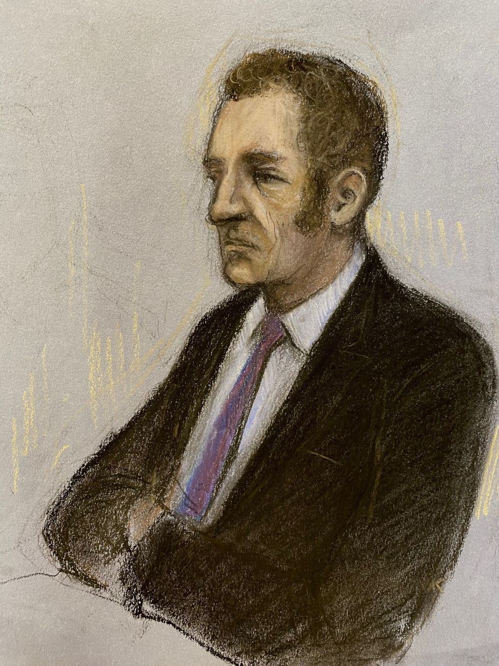 Court artist sketch by Elizabeth Cook of Pc David Carrick appearing at Southwark Crown Court in London for sentencing. Carrick served as a Met officer for 20 years before being unmasked as one of the country's most prolific sex offenders. Picture date: Monday February 6, 2023.