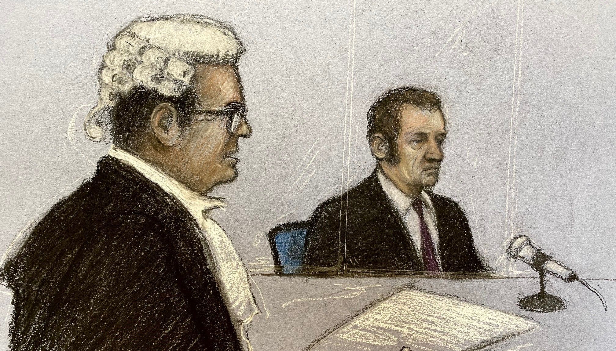 Court artist sketch by Elizabeth Cook of Pc David Carrick (right) appearing at Southwark Crown Court in London for sentencing. Carrick served as a Met officer for 20 years before being unmasked as one of the country's most prolific sex offenders. Picture date: Monday February 6, 2023.