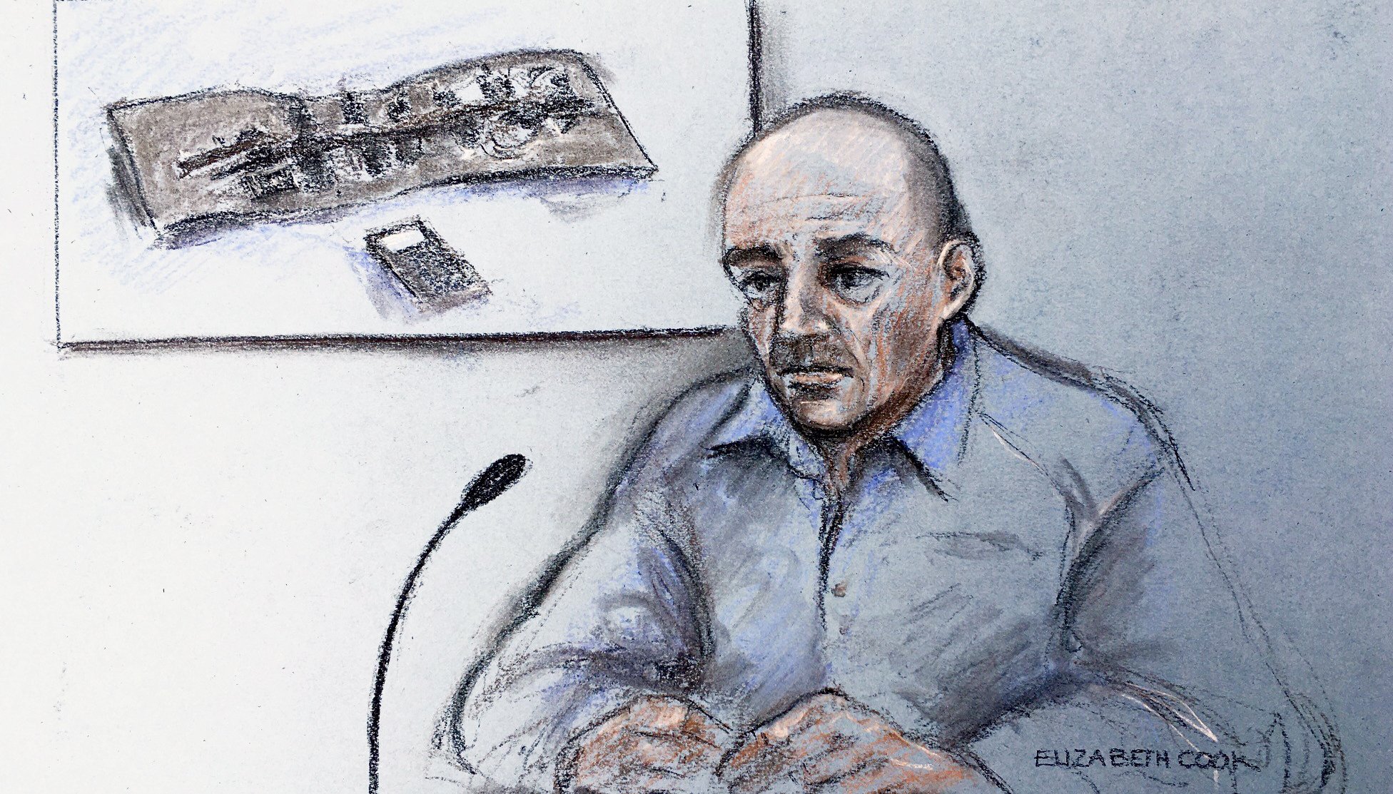Court artist sketch by Elizabeth Cook of Steven Gallant in the Guildhall in London during the inquest into the terror attack at the Fishmongers' Hall in London on November 29 2019