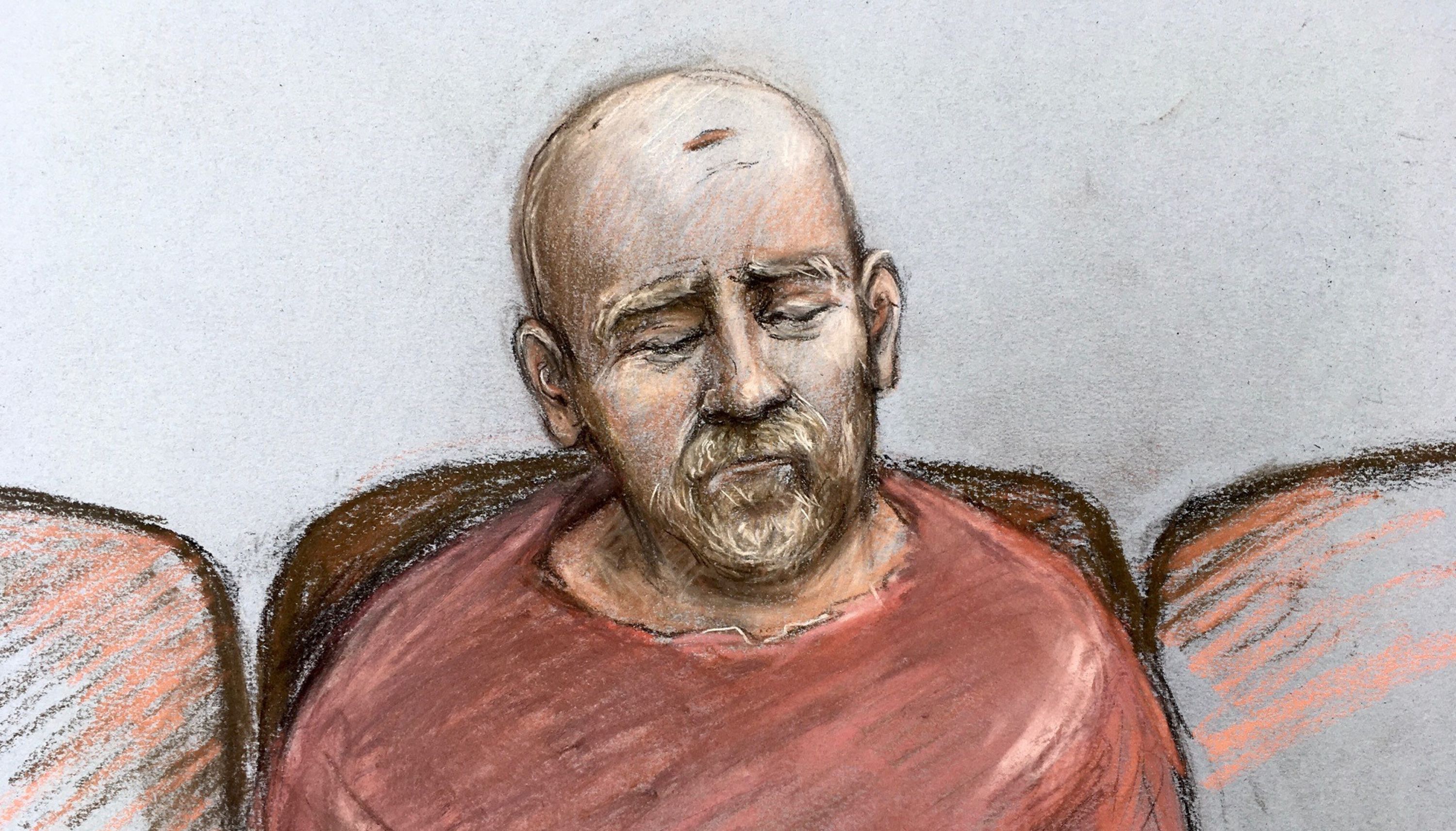 Court artist sketch by Elizabeth Cook of Wayne Couzens, making his first appearance at the Old Bailey by video link from Belmarsh top security jail in south London.