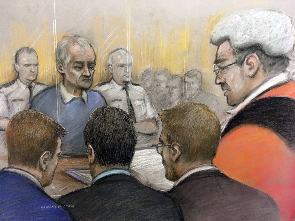 Court artist sketch by Elizabeth Cook showing victims looking on from the public gallery (foreground) as Judge Clement Goldstone QC sentences former football coach Barry Bennell at Liverpool Crown Court.