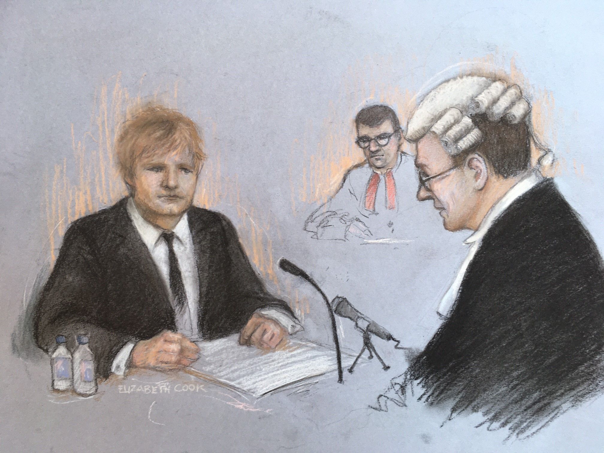 Court artist sketch dated 07/03/22 by Elizabeth Cook of Ed Sheeran at the Rolls Building at the High Court in London, where he brought legal action over his 2017 hit song Shape of You after song writers Sami Chokri and Ross O'Donoghue claimed the song infringes parts of one of their songs.