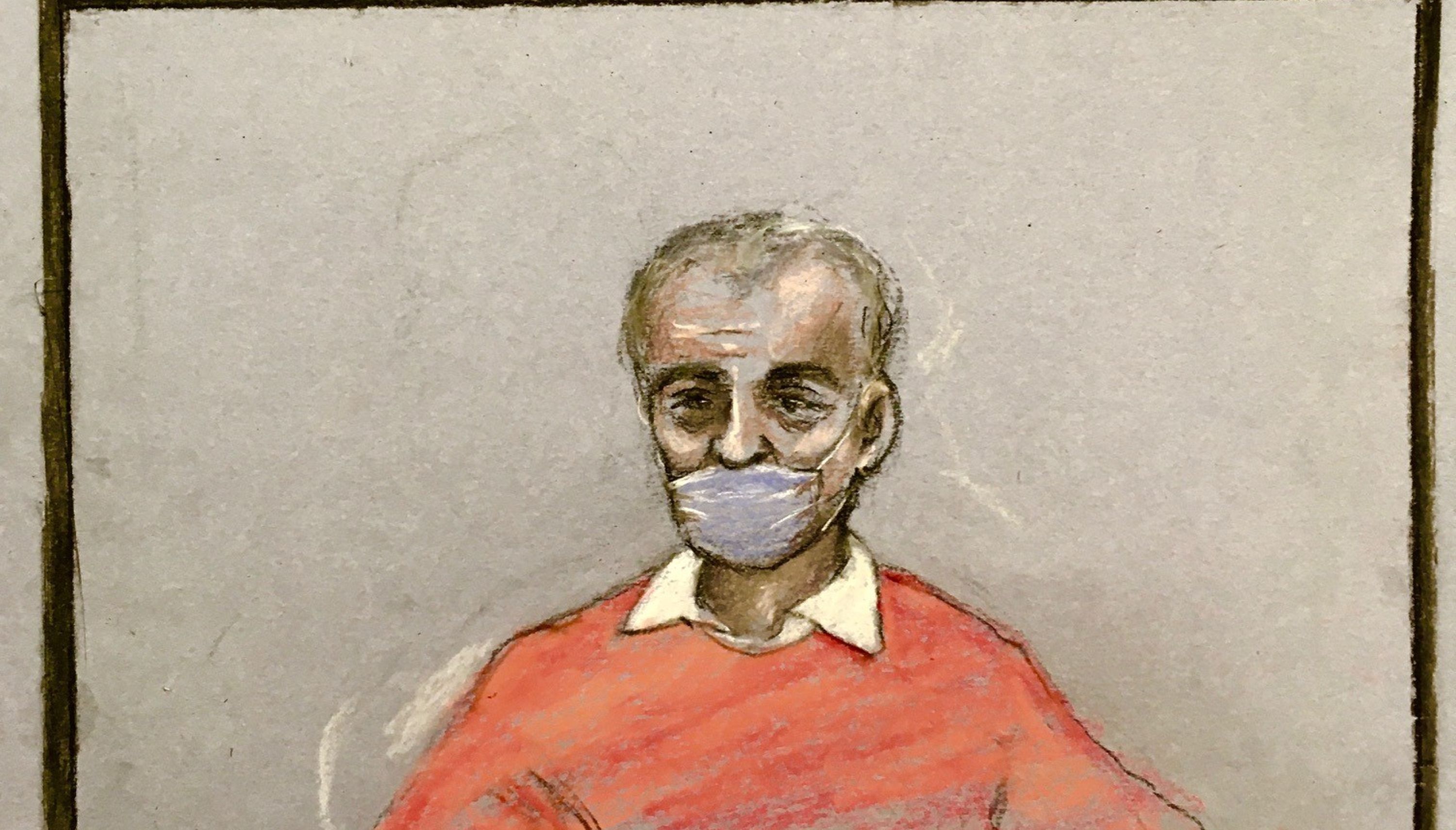 Court artist sketch dated 30/11/2021 by Elizabeth Cook of Barry Bennell appearing via video link at the High Court in London.
