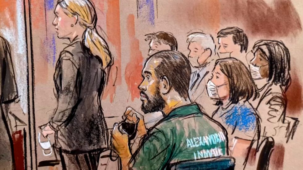 Court sketch of Kotey seated in court as attorneys speak.