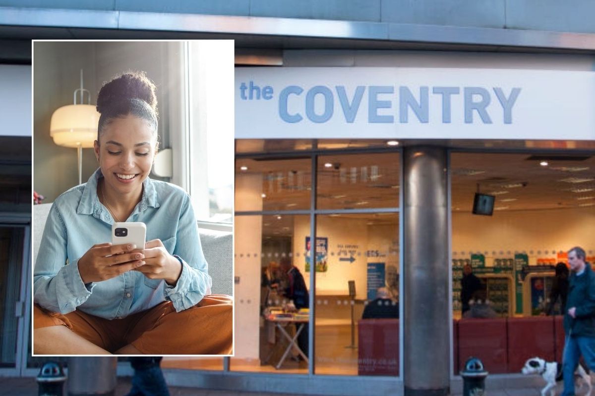 Coventry Building Society branch and woman on phone