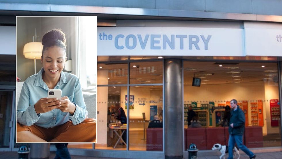 Coventry Building Society branch and woman on phone