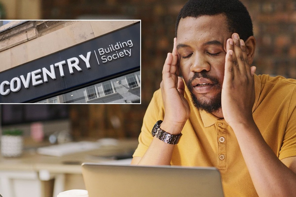 Coventry Building Society branch and worried man