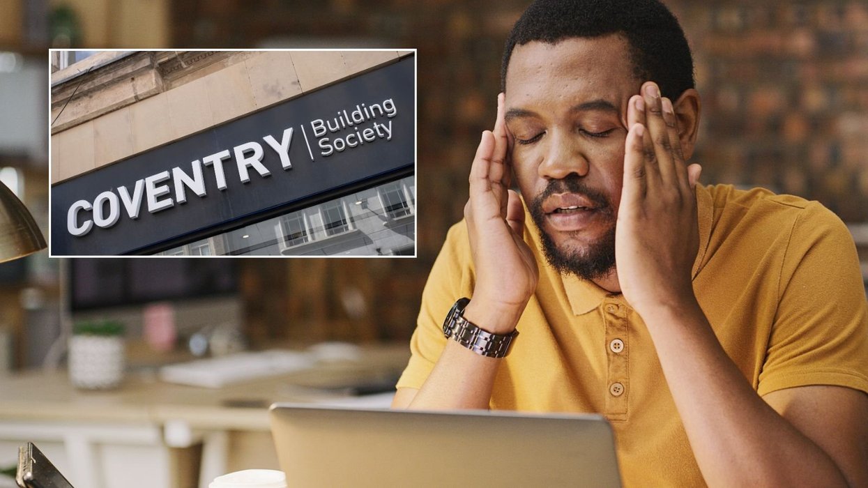 Coventry Building Society branch and worried man