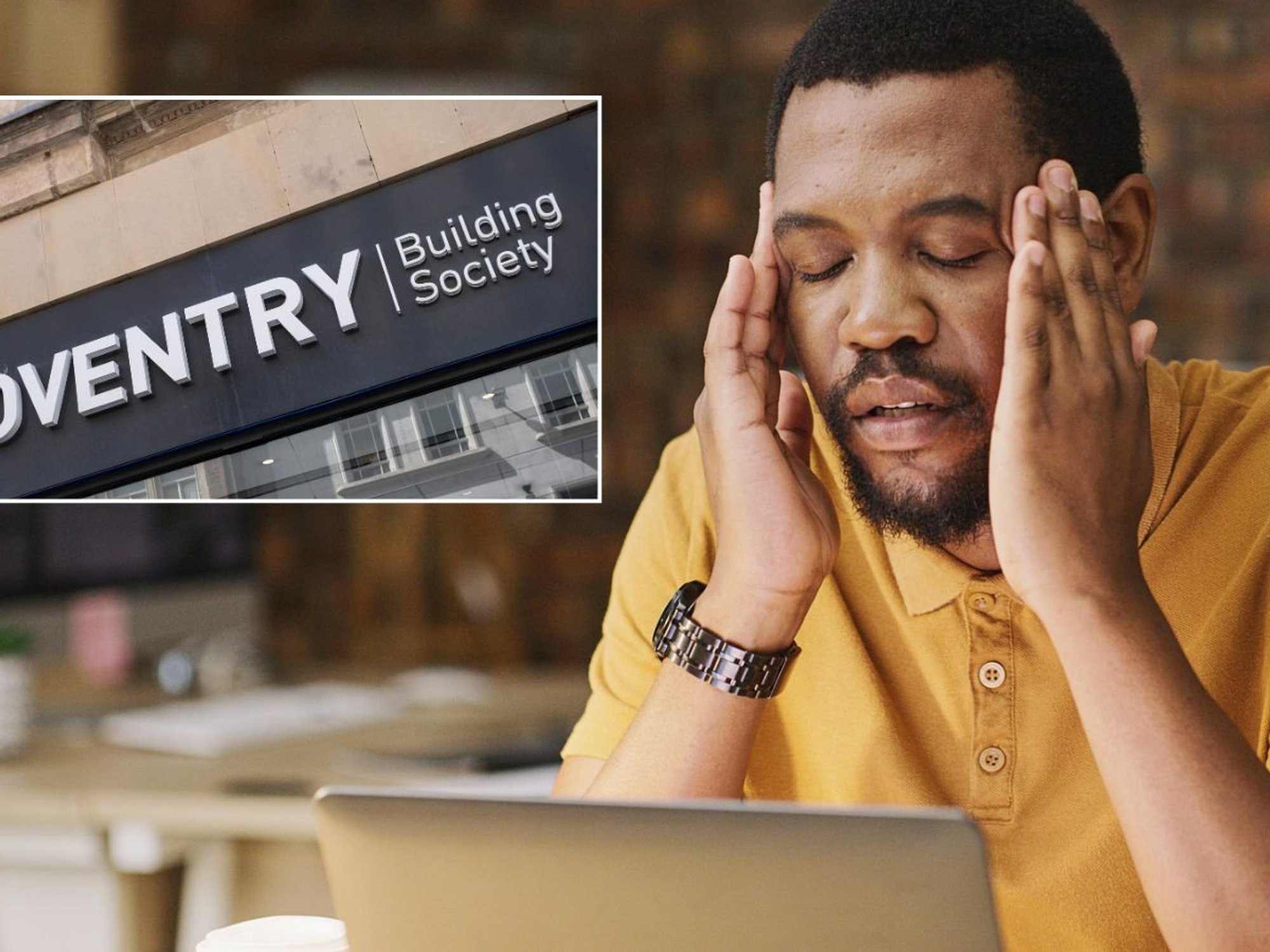 Coventry Building Society branch and worried man