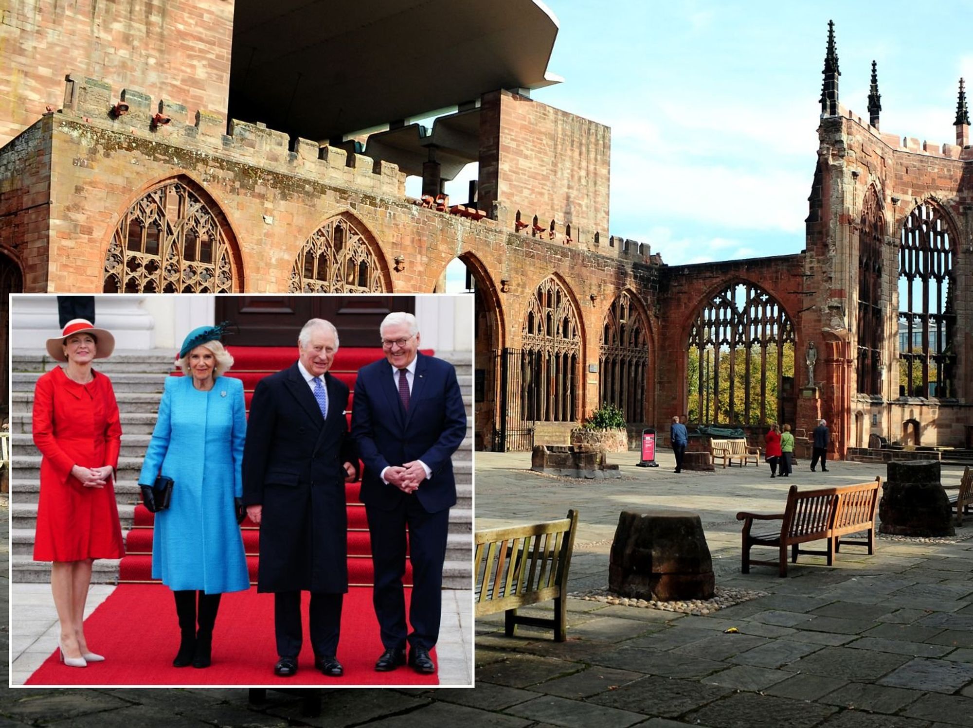 Coventry Cathedral ruins, King Charles, Queen Camilla, German President