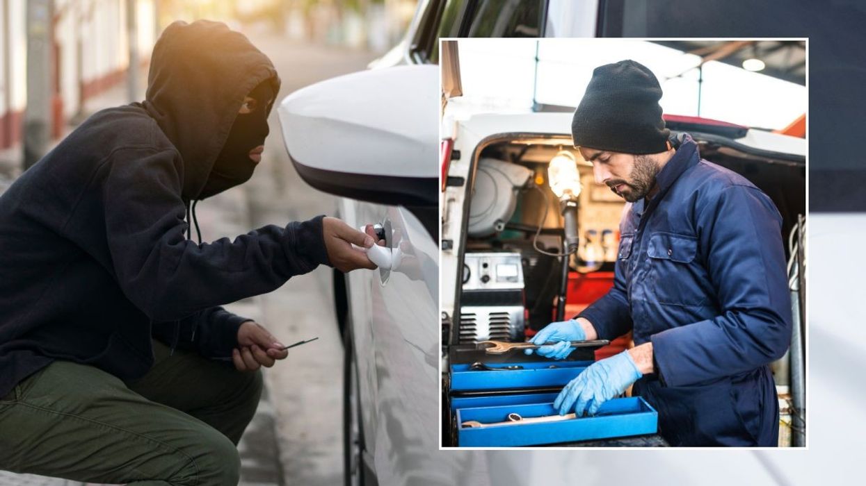 Criminal opening a car and a tradesperson sorting tools in the back of his van