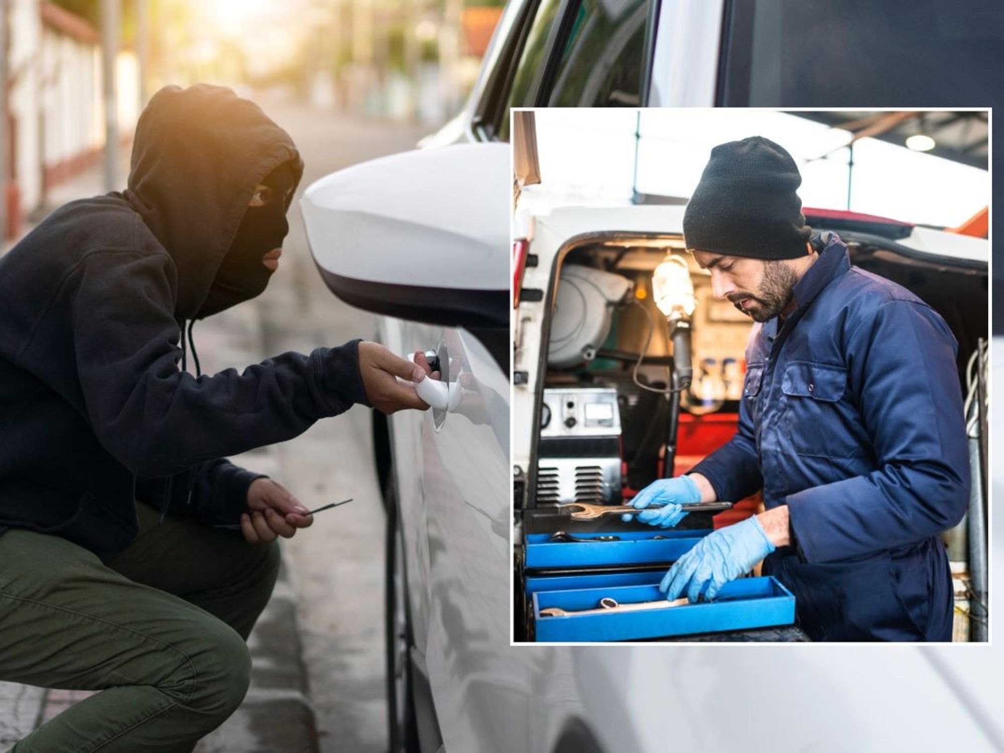 Criminal opening a car and a tradesperson sorting tools in the back of his van
