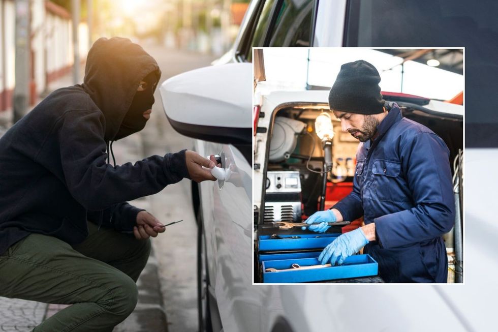Criminal opening a car and a tradesperson sorting tools in the back of his van
