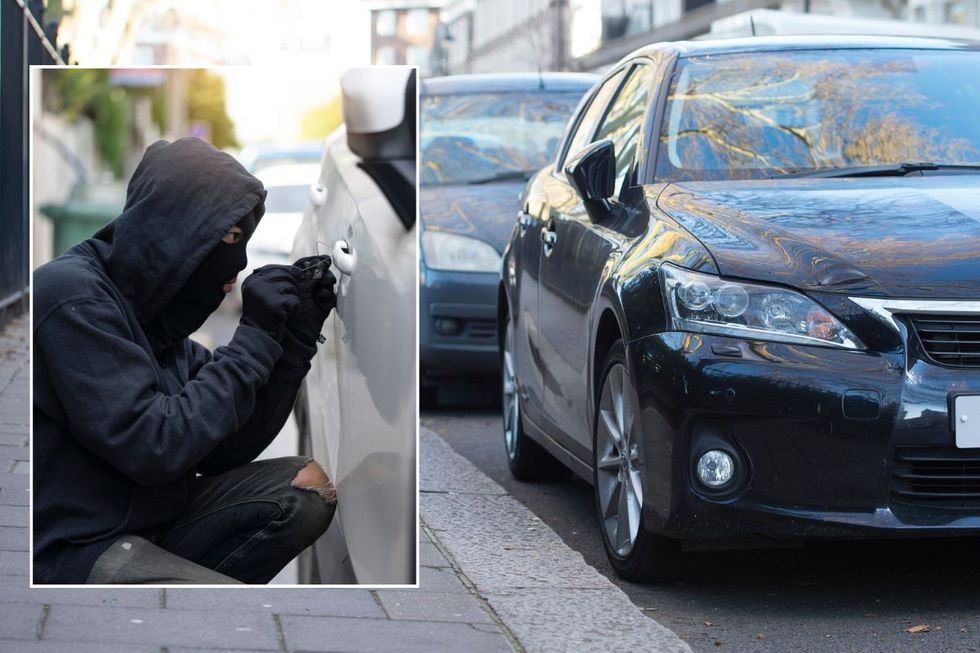 Criminal trying to break into a car and a row of vehicles parked on the road