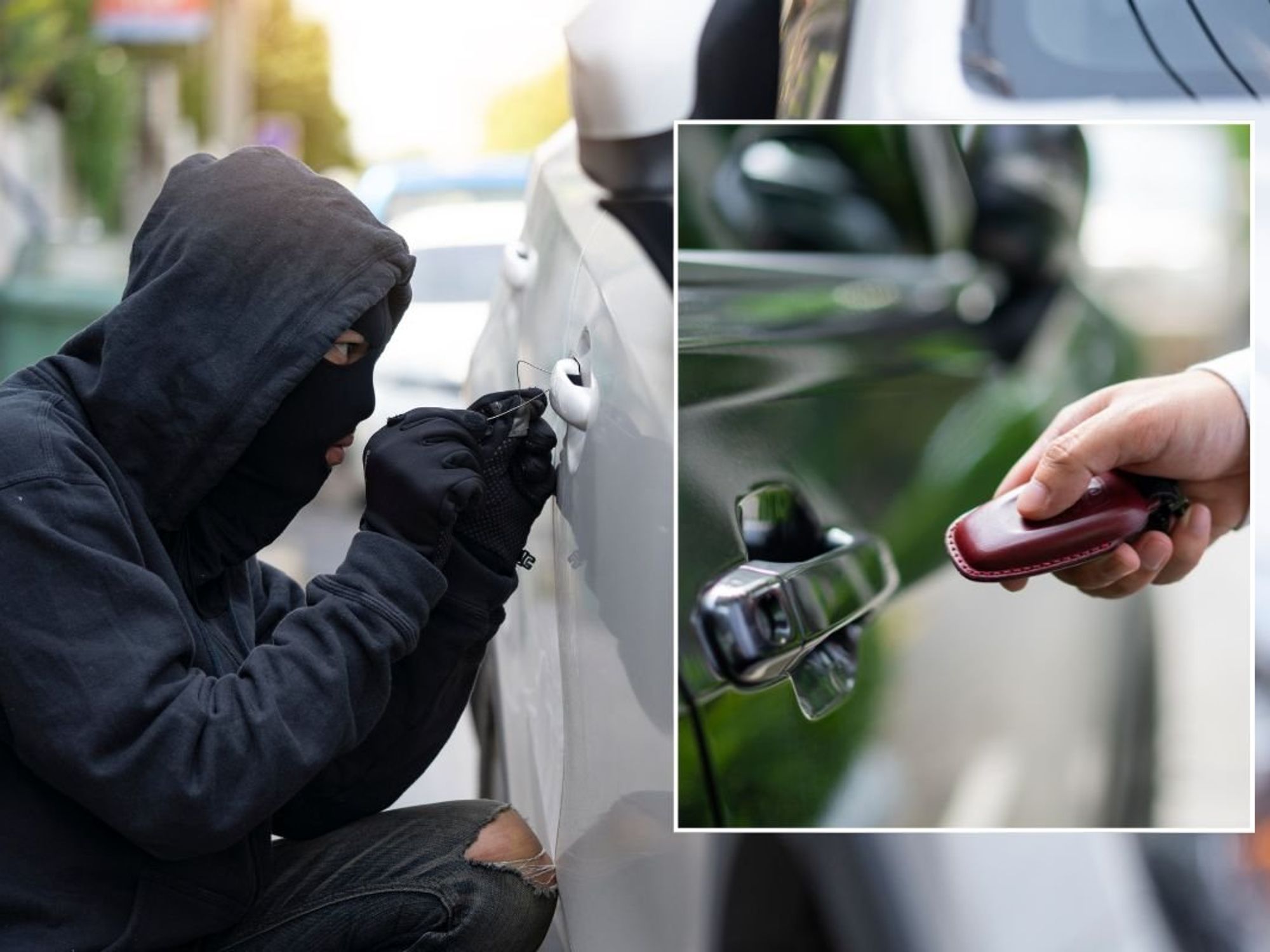 Criminal trying to steal a car and a man opening a car with a keyless fob