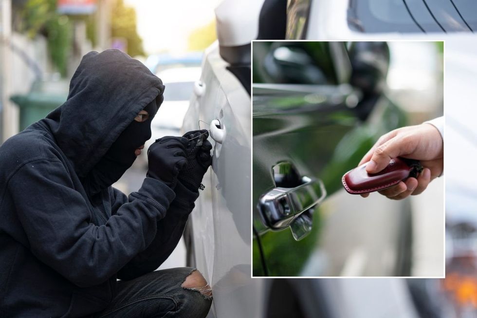 Criminal trying to steal a car and a man opening a car with a keyless fob
