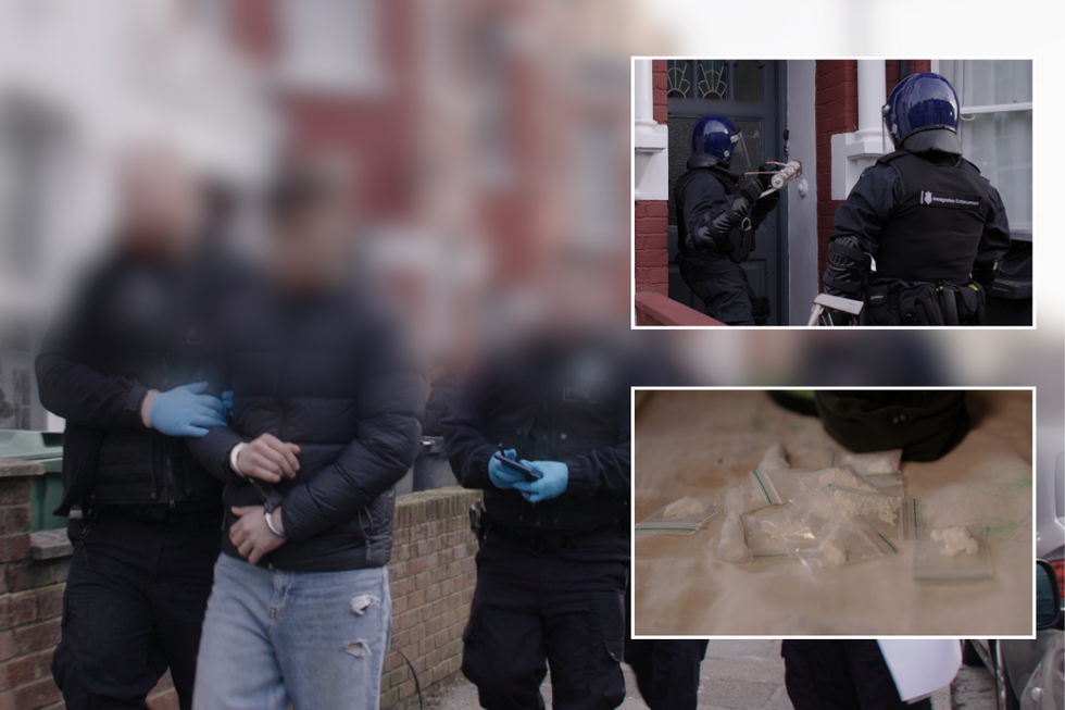 Criminals arrested alongside insets of police officers breaking down a door and drugs