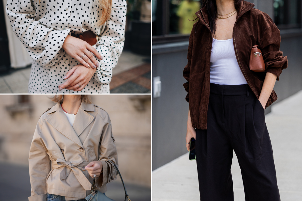 Cropped trench coat; suede jacket; polka dot dress