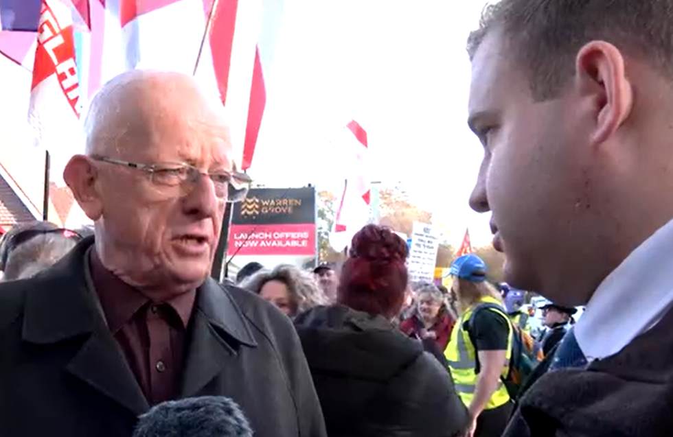 Crowborough resident John speaks to Jack Carson at the Crowborough protest