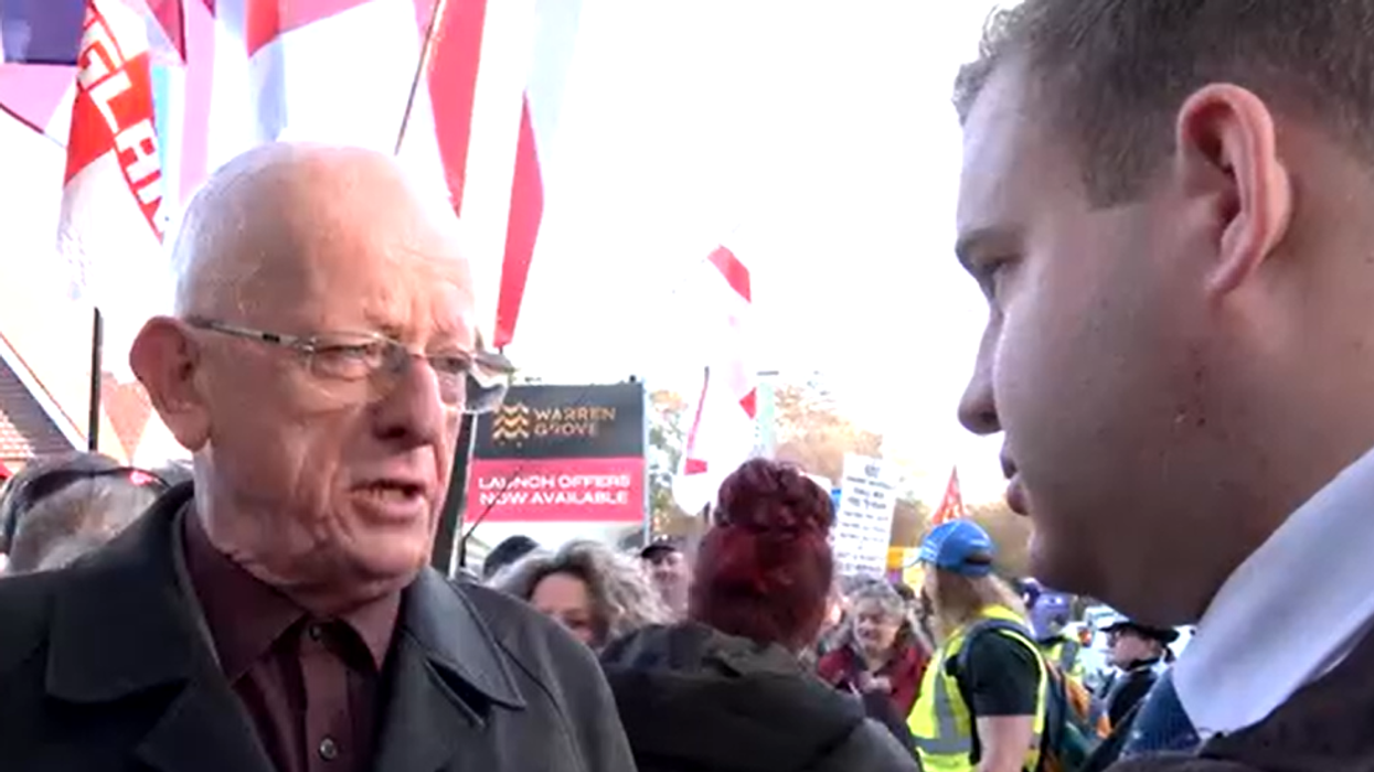 Crowborough resident John speaks to Jack Carson at the Crowborough protest