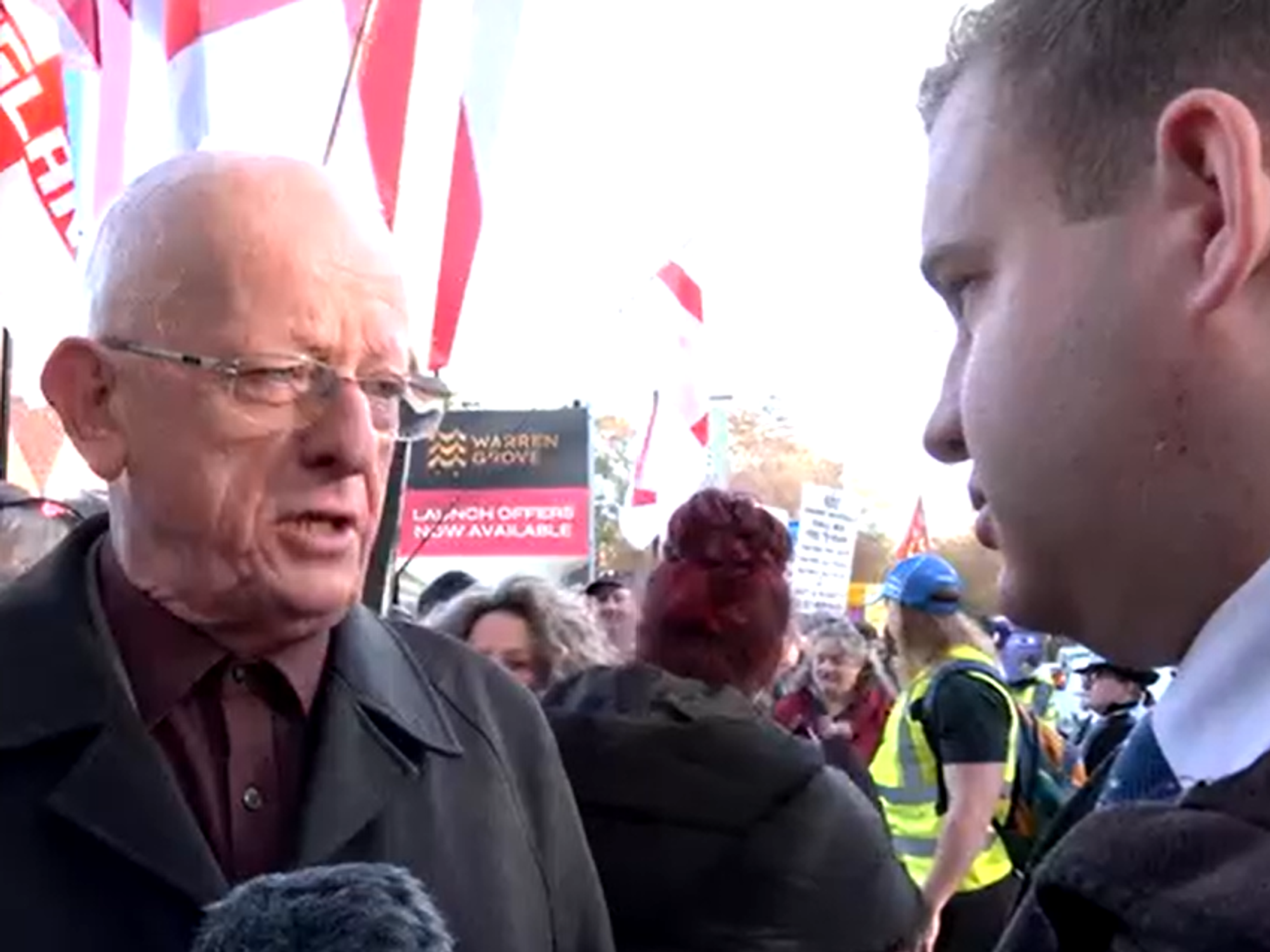 Crowborough resident John speaks to Jack Carson at the Crowborough protest