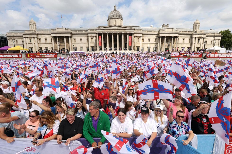 Crowds during a fan celebration to commemorate England's historic UEFA Women's EURO 2022 triumph in Trafalgar Square, London. Picture date: Monday August 1, 2022.