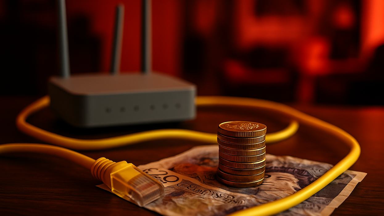 crumpled £20 note surrounded by £1 coins and an ethernet cable in a red ominous room