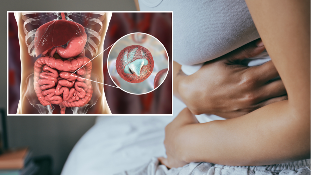 Cryptosporidium (left) and woman gripping her stomach
