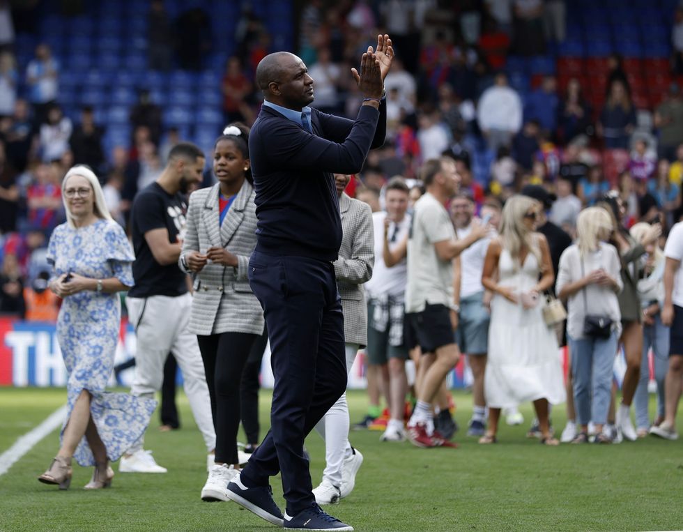 Crystal Palace manager Patrick Vieira applauds the fans after the Premier League match at Selhurst Park, London. Picture date: Sunday May 22, 2022.