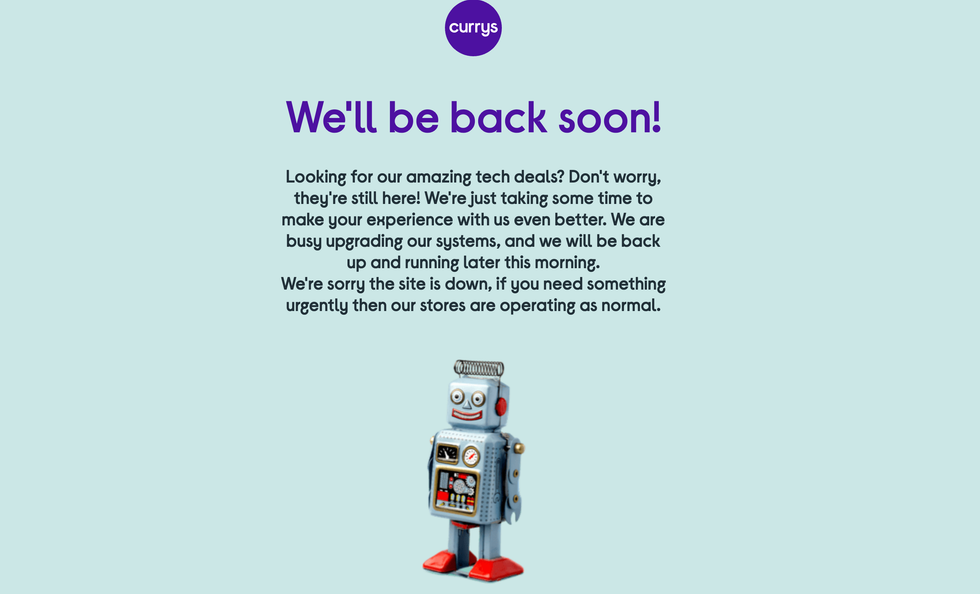 Currys website displaying the outage