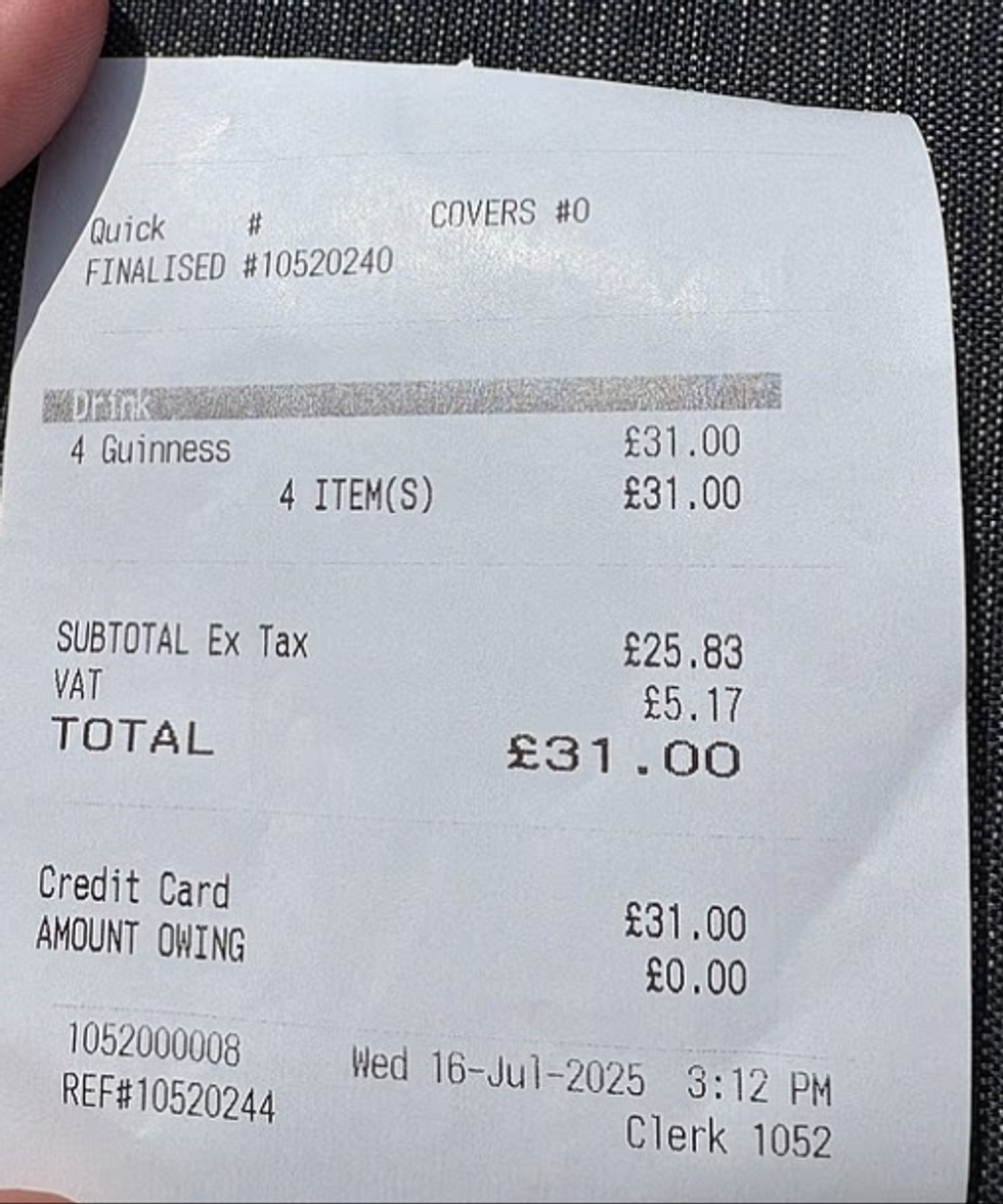 Customers receipt