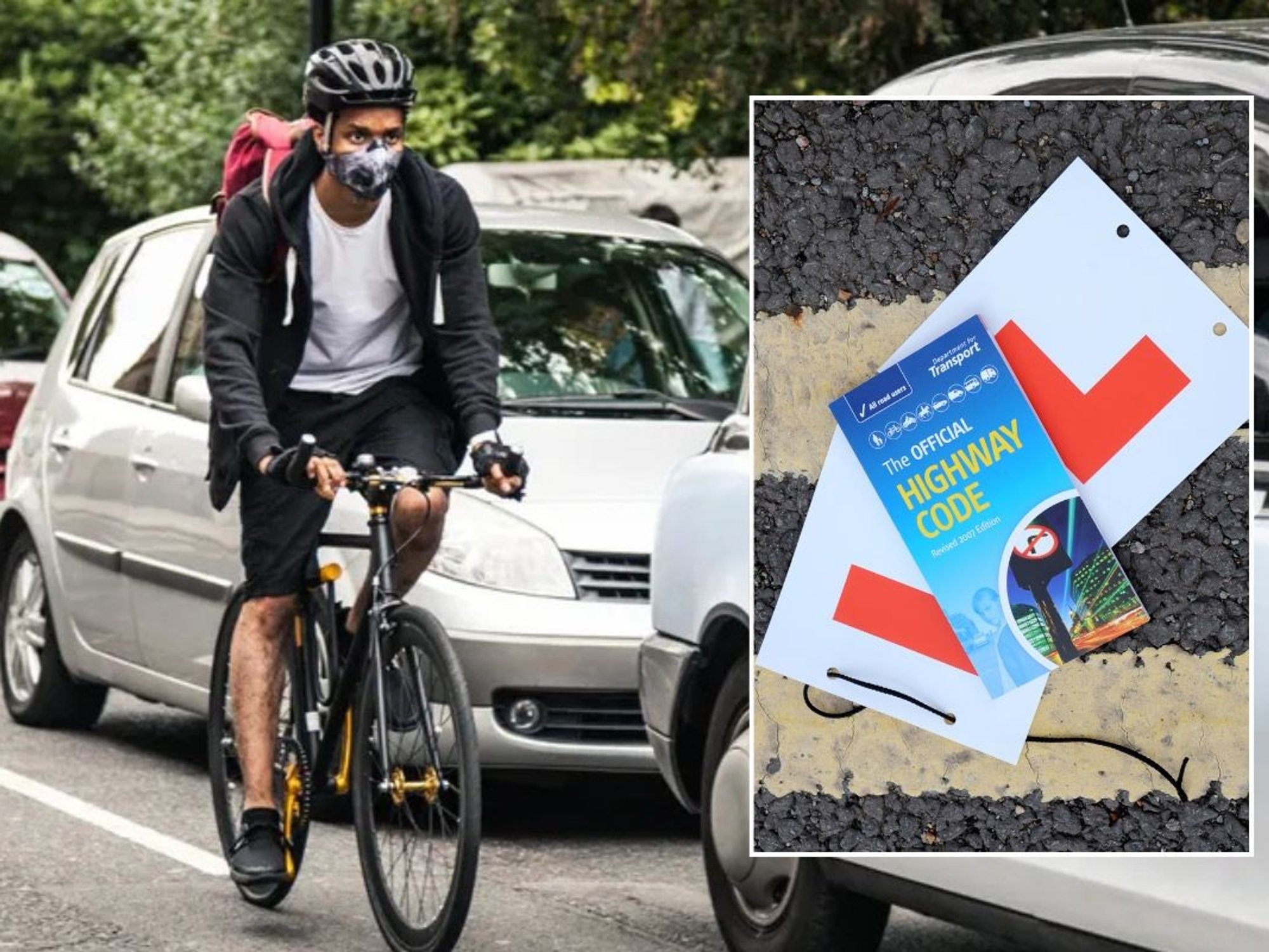 Cyclist on the road and a copy of the Highway Code