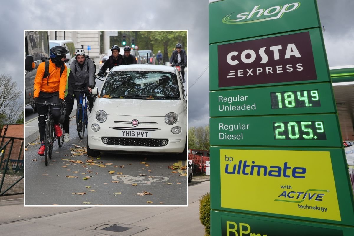 Cyclists riding past a car and expensive petrol prices