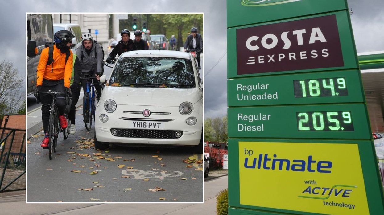 Cyclists riding past a car and expensive petrol prices