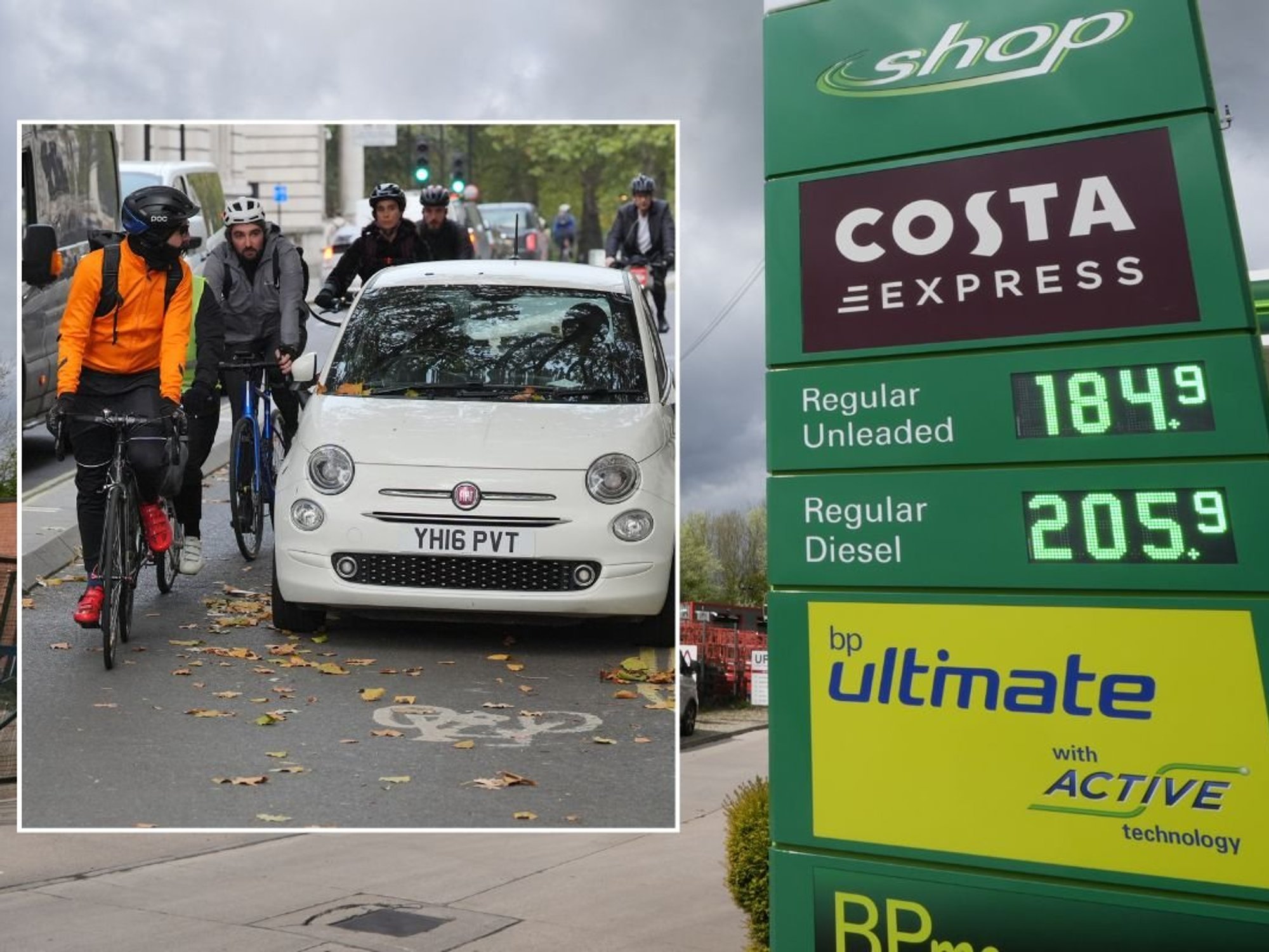 Cyclists riding past a car and expensive petrol prices