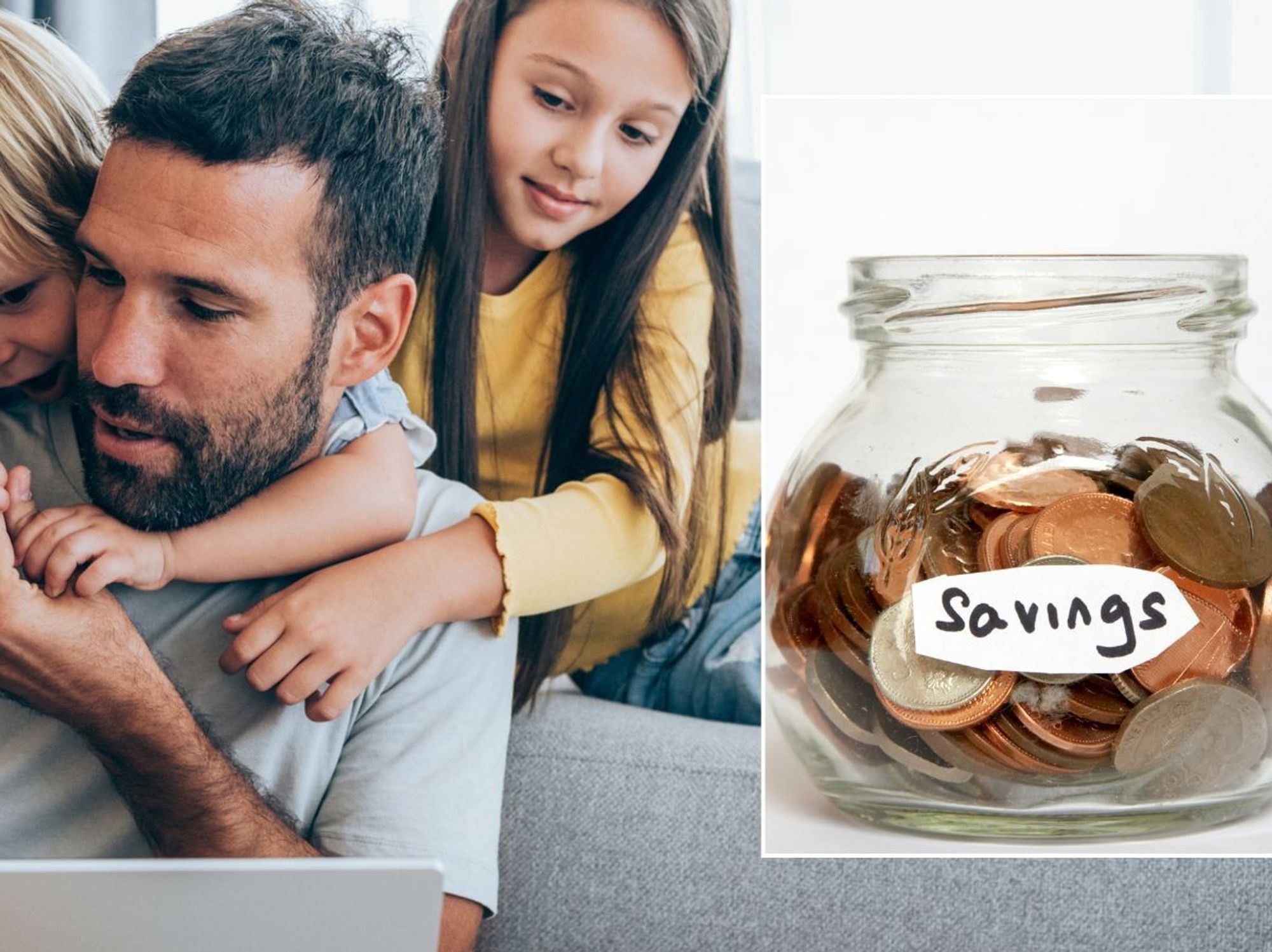 Dad with children and savings pot