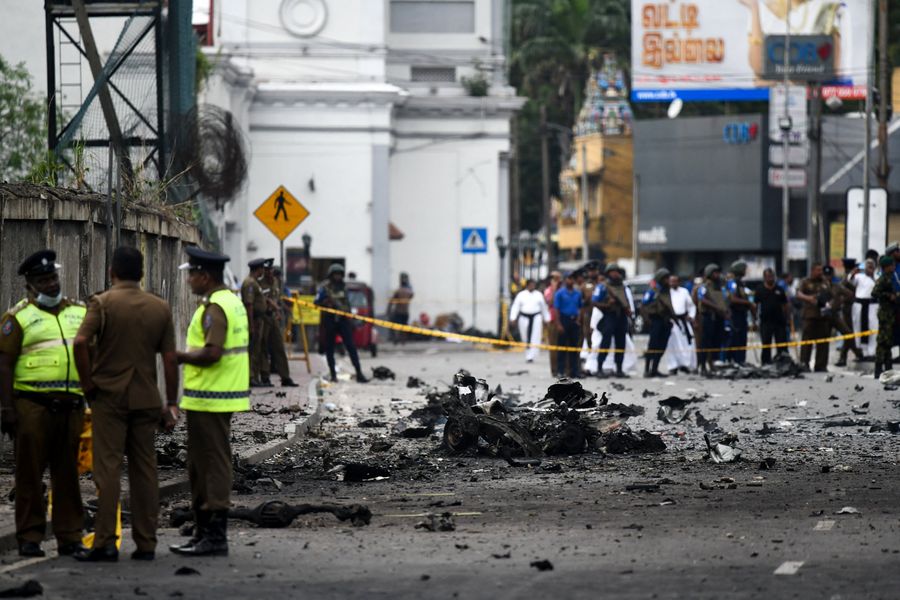 Damage on road following 2029 Easter attacks in Sri Lanka