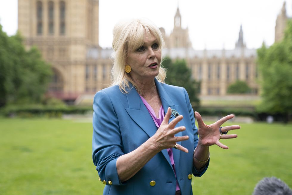 Dame Joanna Lumley speaks to the media after calling on ministers to launch a parliamentary inquiry into medical research methods in the UK, warning that animal tests are %22failing patients%22, in Victoria Tower Gardens, Westminster. Picture date: Monday May 23, 2022.